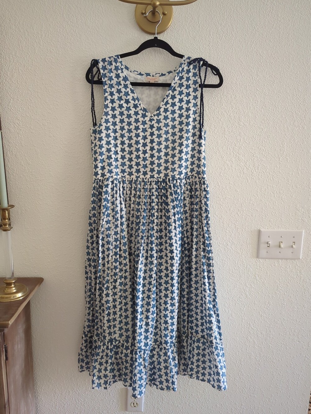 Pink Chicken New York Cotton blue Star print midi dress sleeves and tassels XS